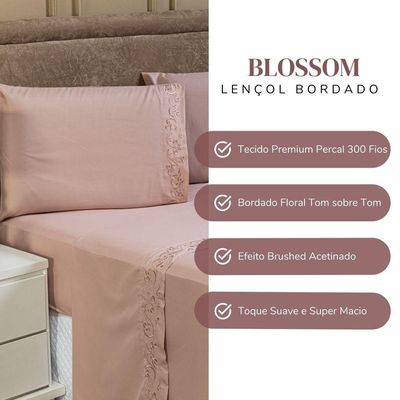 Jogo De Cama Lençol Queen Blossom Bordado Floral Percal 300 Fios Com Fronhas 04 Peças - Toque Acetinado Cor Rosê