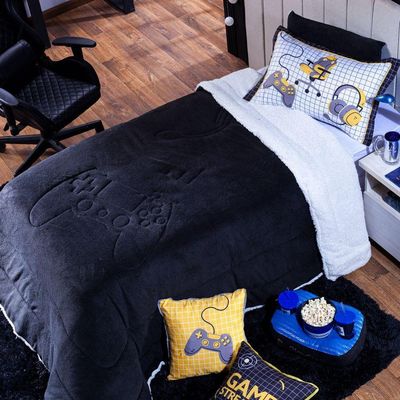 Kit Coberdrom Game Streamer Preto C/ Almofadas Solteiro 04 Peças - Dupla Face Sherpa E Mantinha