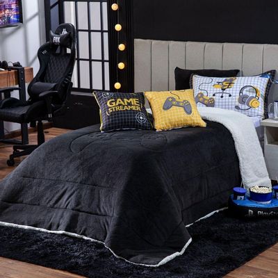 Kit Coberdrom Game Streamer Preto C/ Almofadas Solteiro 04 Peças - Dupla Face Sherpa E Mantinha