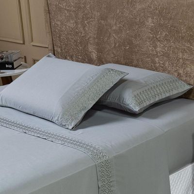 Jogo De Cama Lençol King Harmony Bordado Geométrico Percal 300 Fios Com Fronhas 04 Peças - Toque Acetinado Cor Cinza