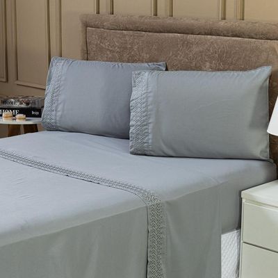 Jogo De Cama Lençol King Harmony Bordado Geométrico Percal 300 Fios Com Fronhas 04 Peças - Toque Acetinado Cor Cinza