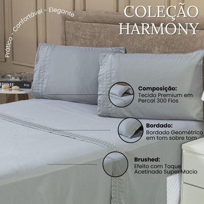 Jogo De Cama Lençol King Harmony Bordado Geométrico Percal 300 Fios Com Fronhas 04 Peças - Toque Acetinado Cor Cinza
