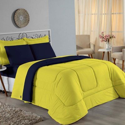 Edredom King Nobre 1 Peça Dupla Face 2,50m X 2,90m Malha 100% Algodão - Amarelo / Azul-marinho