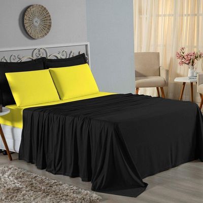 Jogo De Cama Queen Nobre 4 Peças Lençol Com Elástico De 30cm De Altura Malha 100% Algodão - Preto / Amarelo