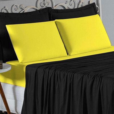 Jogo De Cama Queen Nobre 4 Peças Lençol Com Elástico De 30cm De Altura Malha 100% Algodão - Preto / Amarelo