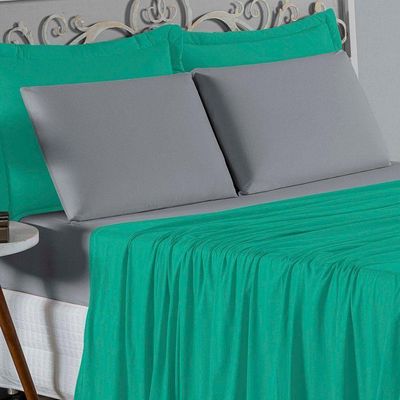 Jogo De Cama Solteiro Nobre 3 Peças Lençol Com Elástico De 30cm De Altura Malha 100% Algodão - Jade / Cinza