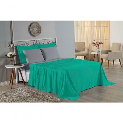 Jogo De Cama Solteiro Nobre 3 Peças Lençol Com Elástico De 30cm De Altura Malha 100% Algodão - Jade / Cinza