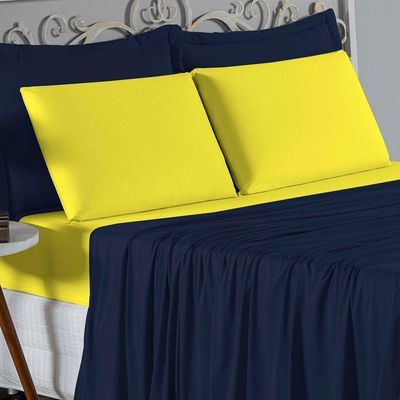 Jogo De Cama Solteiro Nobre 3 Peças Lençol Com Elástico De 30cm De Altura Malha 100% Algodão - Azul-marinho / Amarelo