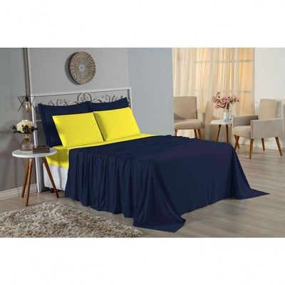 Jogo De Cama Solteiro Nobre 3 Peças Lençol Com Elástico De 30cm De Altura Malha 100% Algodão - Azul-marinho / Amarelo
