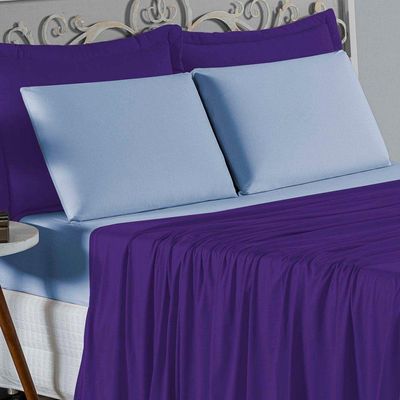 Jogo De Cama Solteiro Nobre 3 Peças Lençol Com Elástico De 30cm De Altura Malha 100% Algodão - Roxo / Azul-bebê