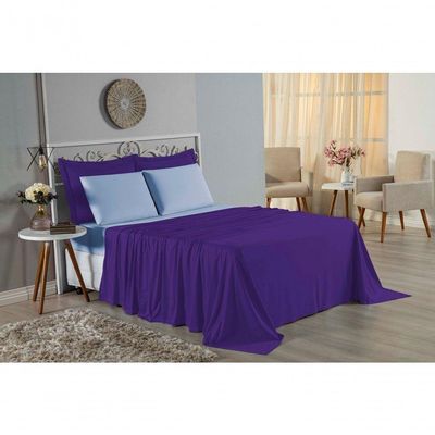 Jogo De Cama Solteiro Nobre 3 Peças Lençol Com Elástico De 30cm De Altura Malha 100% Algodão - Roxo / Azul-bebê