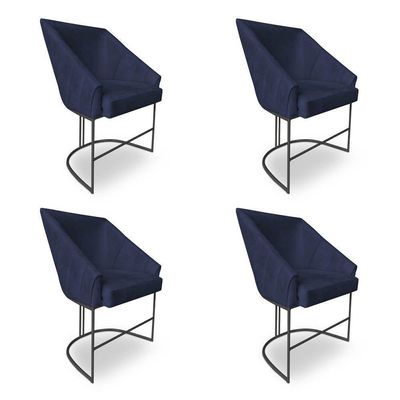 Kit 4 Poltronas Luxo Alana Suede Azul Marinho Base Ferro Preto - Pallazio