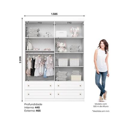 Guarda Roupa Solteiro 4 Portas E 4 Gavetas Amy Casa 812 Branco Hp