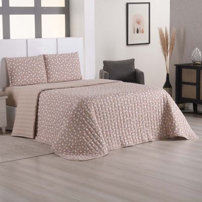 Kit Cobre Leito Colcha Polly Casal 3 Peças Malha 100% Algodão Estampa Bolinhas - Bege