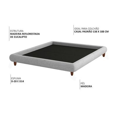 Cama Casal Base Box Pés Madeira 156cm Emma Linho Cinza Claro - Nexta Casa