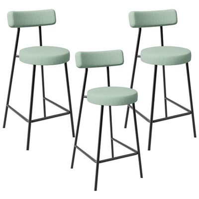 Kit 03 Banquetas Baixa Bar Cozinha Sala De Jantar Aço Milão L02 Linho Verde Menta - Lyam Decor