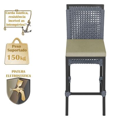 07 Banquetas Em Alumínio Roma Preta Corda Náutica Tecido 7 Prata