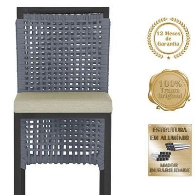 07 Banquetas Em Alumínio Roma Preta Corda Náutica Tecido 7 Prata