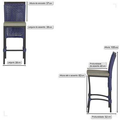 5 Banqueta Em Alumínio Roma Preta Corda Náutica Tecido 8 Azul