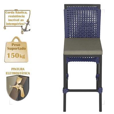 5 Banqueta Em Alumínio Roma Preta Corda Náutica Tecido 8 Azul