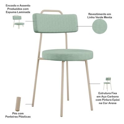 Cadeira Decorativa Estofada Para Sala De Jantar Barcelona Arena L02 Linho Verde Menta - Lyam Decor