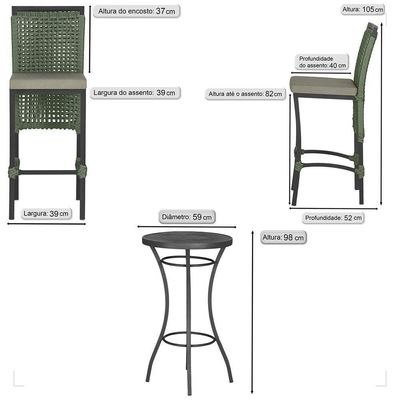 Mesa Bistrô E 2 Banquetas Roma Preta Corda Estofado 7 Trama Verde