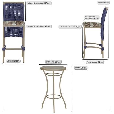 Mesa Bistrô E 2 Banquetas Roma Fendi Corda Estofado 5 Trama Azul