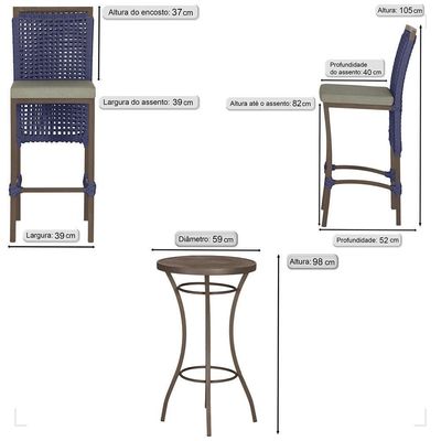 Mesa Bistrô E 2 Banquetas Roma Marrom Corda Estofado 7 Trama Azul