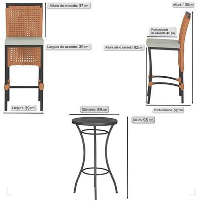 Mesa Bistrô Com 2 Banquetas Roma Preta Corda Náutica 3 Trama Terra Cota
