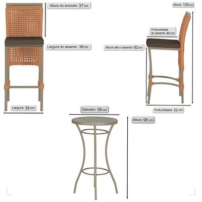 Mesa Bistrô E 2 Banquetas Roma Fendi Corda Estofado 9 Trama Terra Cota