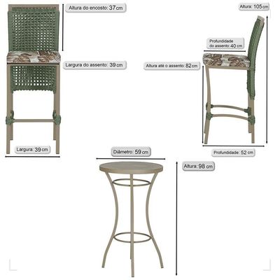 Mesa Bistrô E 4 Banquetas Roma Fendi Corda Estofado 6 Trama Verde