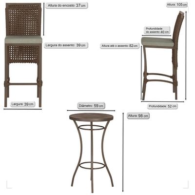 Mesa Bistrô E 4 Banquetas Roma Marrom Corda Estofado 8 Trama Marrom