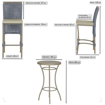 Mesa Bistrô E 2 Banquetas Roma Fendi Corda Estofado 7 Trama Prata