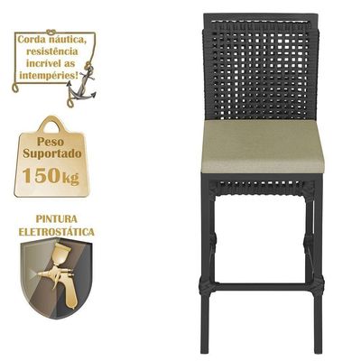 07 Banquetas Em Alumínio Roma Preta Corda Náutica Tecido 7 Preto