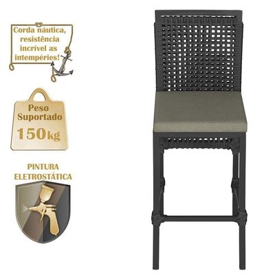 5 Banqueta Em Alumínio Roma Preta Corda Náutica Tecido 8 Preto