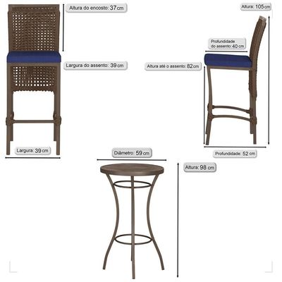 Mesa Bistrô 2 Banquetas Roma Marrom Corda Estofado 10 Trama Marrom