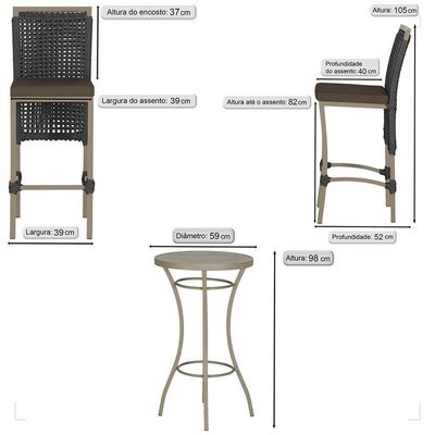 Mesa Bistrô E 4 Banquetas Roma Fendi Corda Estofado 9 Trama Preto