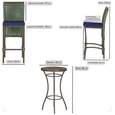 Mesa Bistrô 2 Banquetas Roma Marrom Corda Estofado 10 Trama Verde