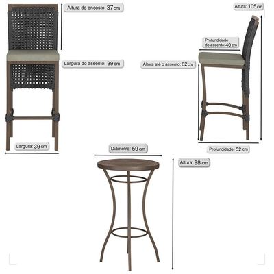 Mesa Bistrô E 4 Banquetas Roma Marrom Corda Estofado 8 Trama Preto