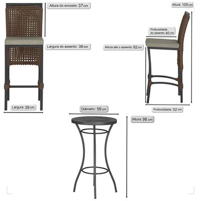Mesa Bistrô E 4 Banquetas Roma Preta Corda Estofado 8 Trama Marrom
