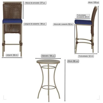 Mesa Bistrô E 2 Banquetas Roma Fendi Corda Estofado 10 Trama Marrom