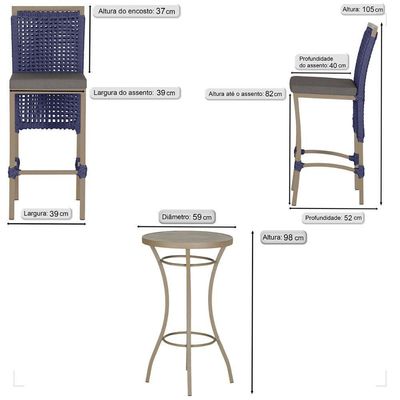 Mesa Bistro E 2 Banquetas Roma Fendi Corda Náutica 11 Azul