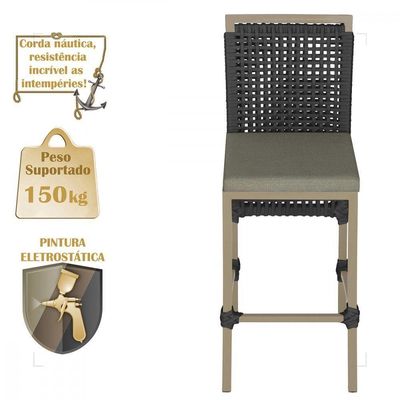 2 Banqueta Em Alumínio Roma Fendi Corda Náutica Tecido 8 Preto