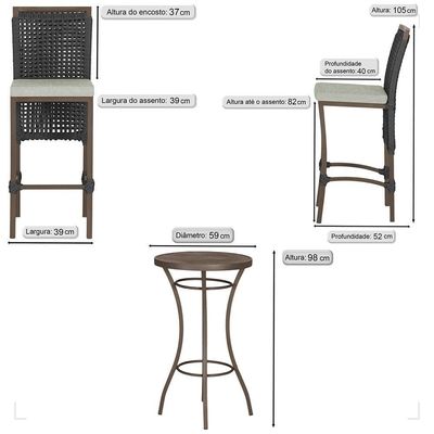Mesa Bistrô 4 Banquetas Roma Marrom Corda Náutica 3 Trama Preto