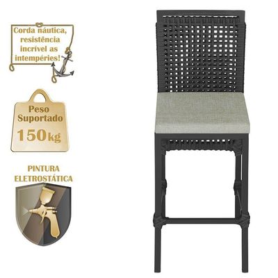 8 Banqueta Em Alumínio Roma Preta Corda Náutica Tecido 3 Preto