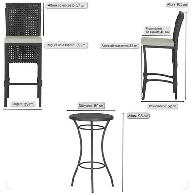 Mesa Bistrô Com 4 Banquetas Roma Preta Corda Náutica 3 Trama Preto
