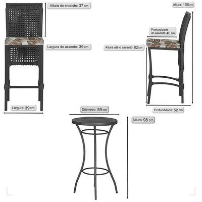 Mesa Bistrô E 2 Banquetas Roma Preta Corda Estofado 6 Trama Preto