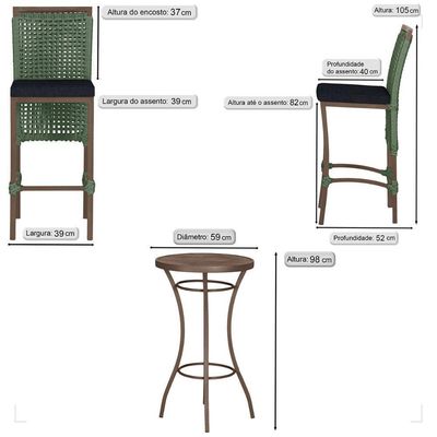 Mesa Bistro E 4 Banquetas Roma Marrom Corda Náutica 12 Verde