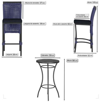 Mesa Bistro E 4 Banquetas Roma Preta Corda Náutica 12 Azul