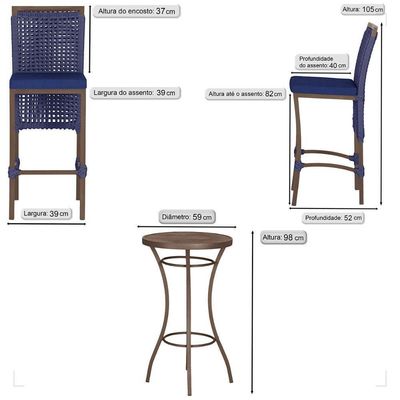 Mesa Bistro E 4 Banquetas Roma Marrom, Corda Náutica 10 Azul